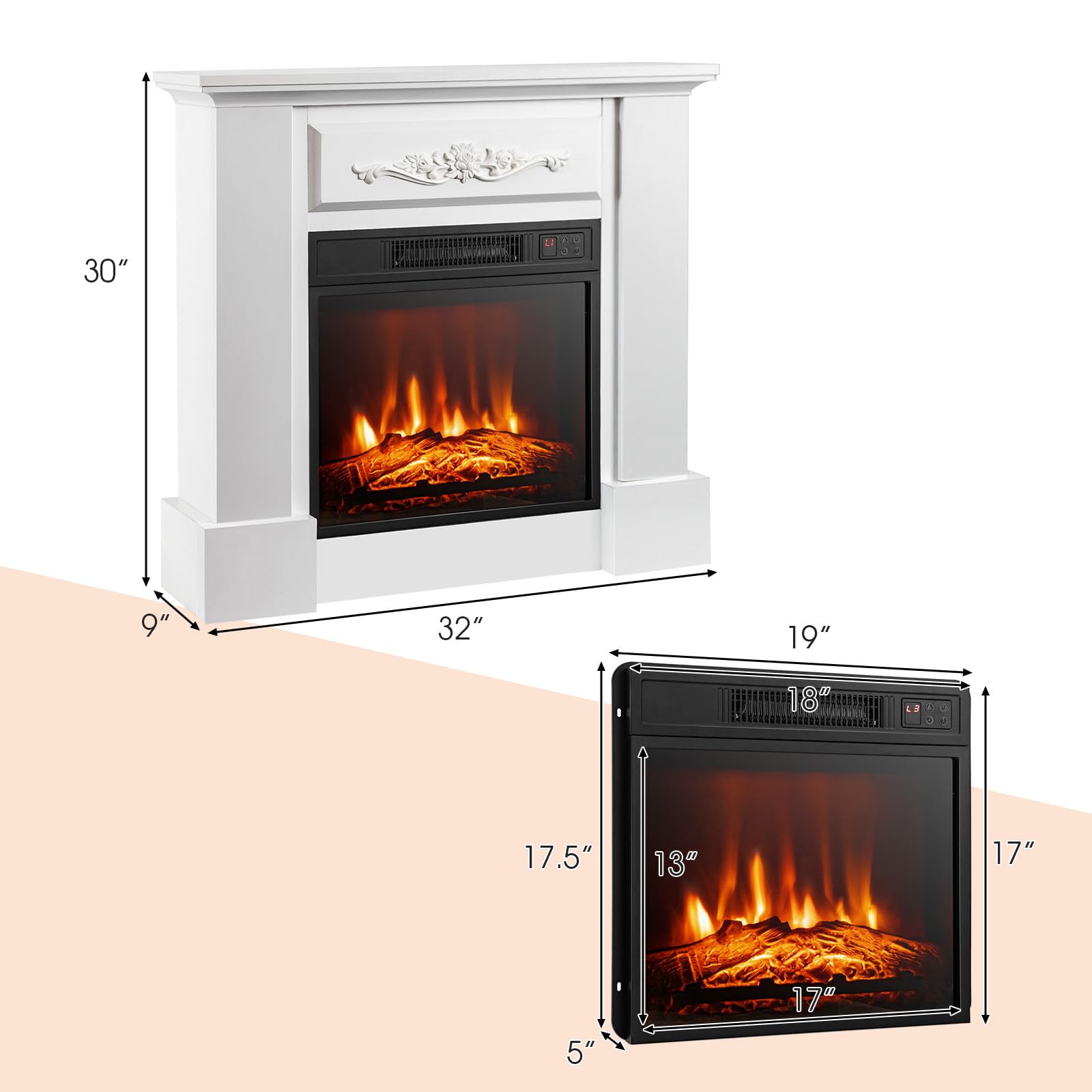 ORALNER 32” Electric Fireplace with Mantel, Package Wooden Firebox Surround Freestanding Fireplace Insert Heater w/ 3 Flame Effects, Remote & 6H Timer, Overheat Protection, 1400W (White)