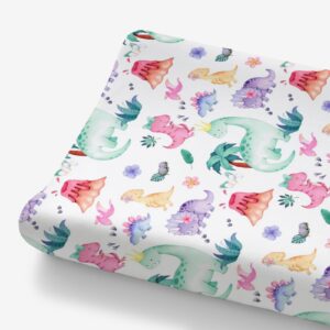 hawskgfub girls dinosaur changing pad cover for baby pink purple, dino animal tropical diaper change table covers, ultra soft stretchy breathable safe snug fitted changing mat sheets fit 32"/34" x 16"