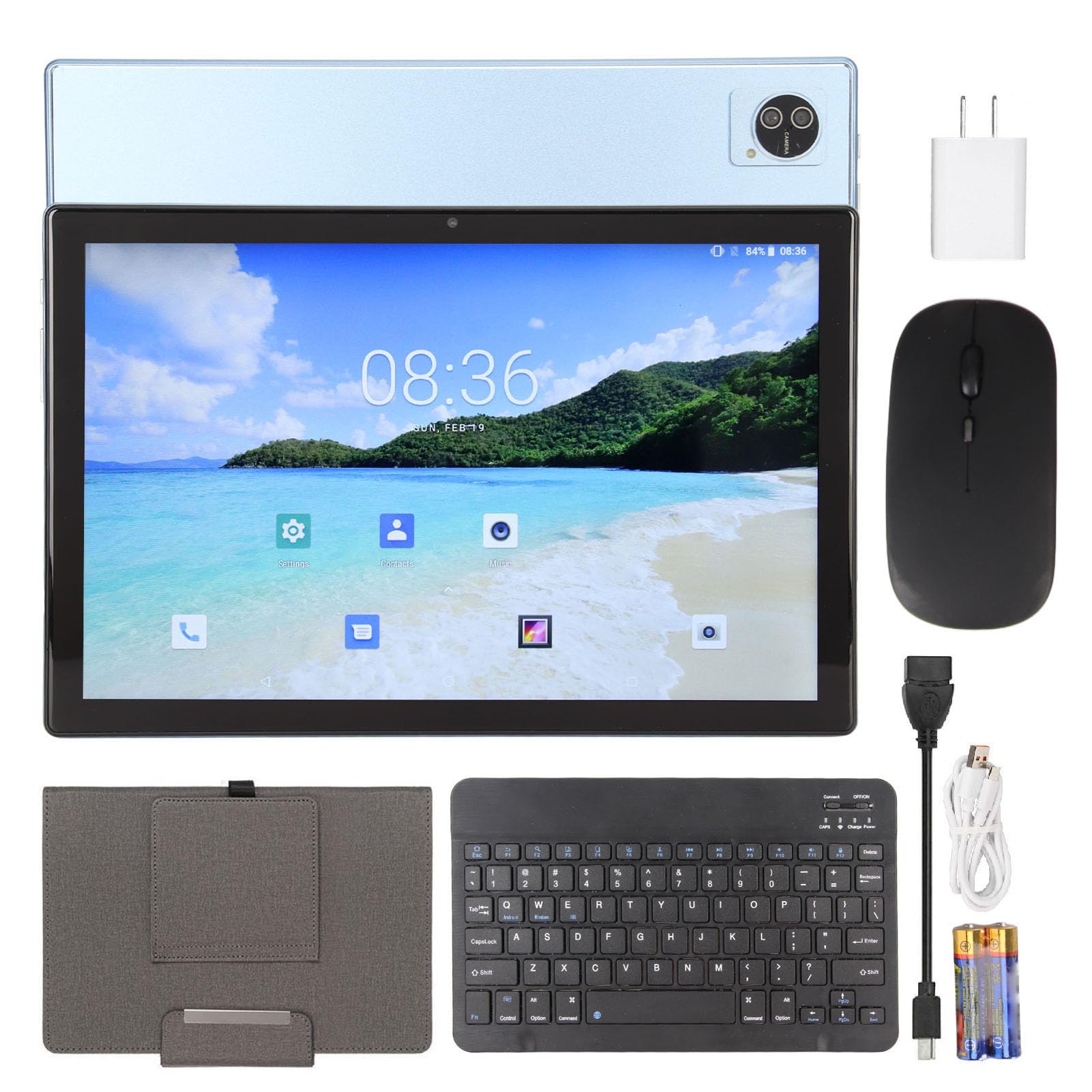 10.1in Tablet with Case Keyboard Mouse, 8 Core 8GB 256GB, FHD Screen, 7000mAh Battery, BT Keyboard Mouse, 4G, Blue (US Plug)