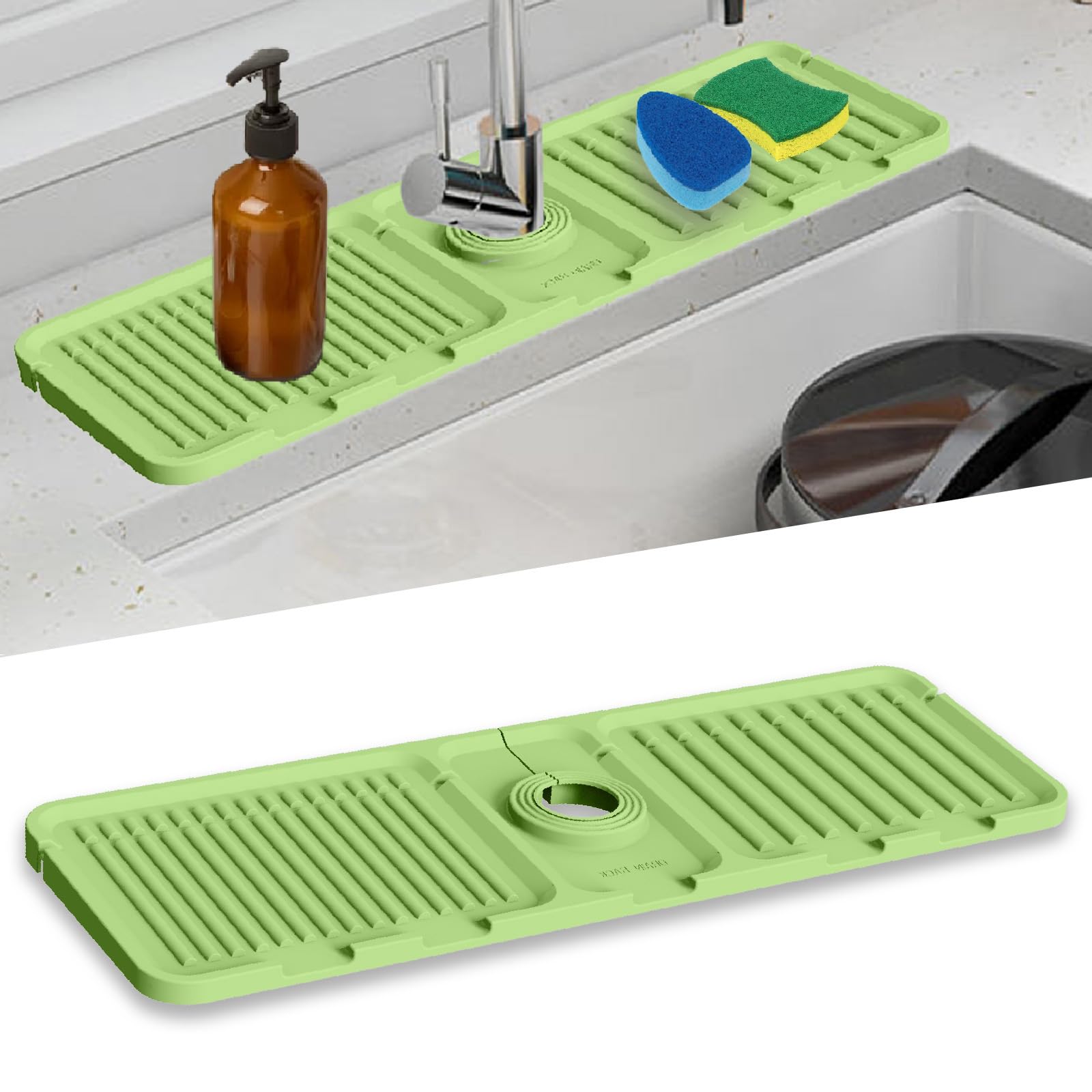 Shunuac Kitchen Sink Splash Guard,5° Slope 18 Inch Kitchen Faucet Mat Drip Catcher Tray, Silicone Draining Mat for Kitchen Sink Faucet Bathroom Sink Accessories Gray/Green