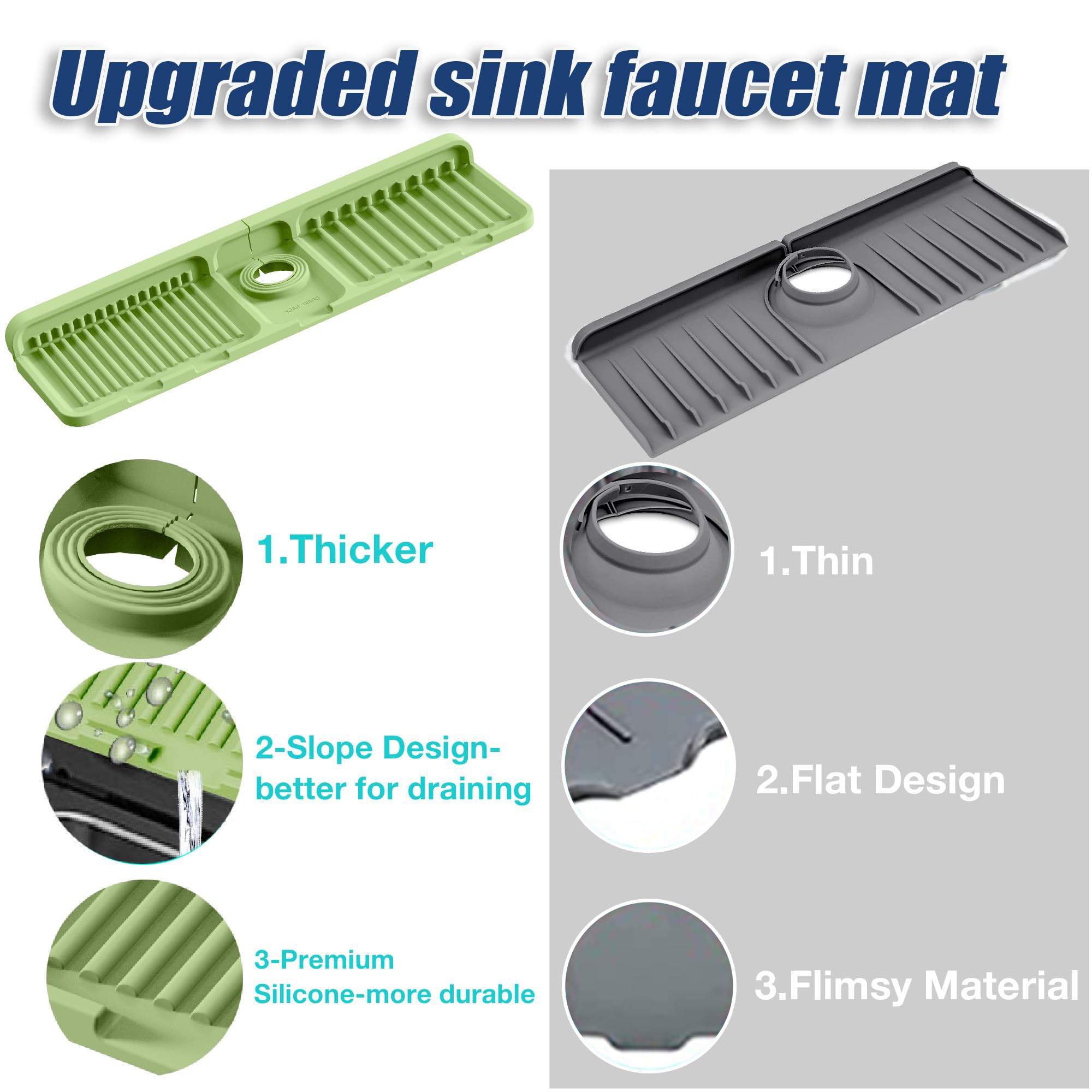 Shunuac Kitchen Sink Splash Guard,5° Slope 18 Inch Kitchen Faucet Mat Drip Catcher Tray, Silicone Draining Mat for Kitchen Sink Faucet Bathroom Sink Accessories Gray/Green