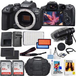 canon eos r10 mirrorless camera (body only) + canon dm-e100 directional microphone + 2pc 64gb memory cards + led video light + case & more (renewed)