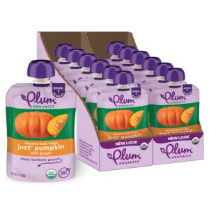 plum organics | stage 1 | organic baby food meals [4+ months] | just pumpkin | 3.5 ounce pouch (pack of 12) packaging may vary