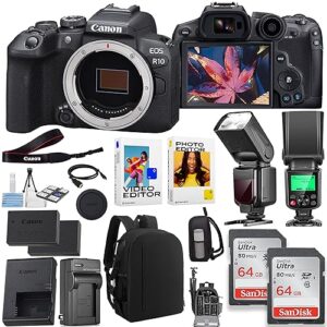 canon eos r10 mirrorless camera (body only) + ttl flash + 2pc 64gb memory cards + backpack camera case & more (renewed)