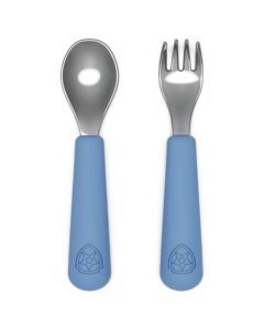 lalo paw patrol utensils - toddler fork and spoon set - stainless steel and silicone ergonomic toddler utensils - children safe flatware set - 2 pieces - chase