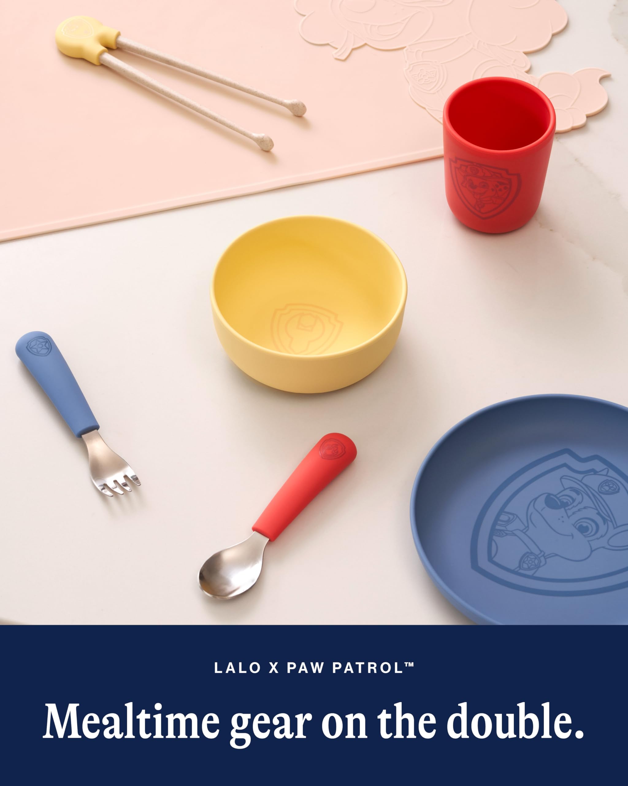 Lalo PAW Patrol Utensils - Toddler Fork and Spoon Set - Stainless Steel and Silicone Ergonomic Toddler Utensils - Children Safe Flatware Set - 2 Pieces - Chase