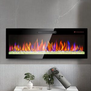 50 inch ultra-thin electric fireplace, recessed and wall mounted fireplace, led light heater with remote control, tempered glass front electric fireplace with multi color flame & emberbed (50 inch)