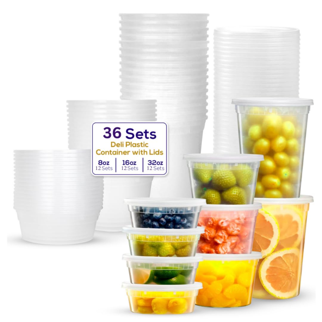 Supreme Deli Plastic Storage Containers with Lids 8oz, 16oz, 32oz [8 sets of each - 24 combo pack] Reusable Food Containers - Microwavable & Freezer friendly - Dishwasher safe - Secure fitting Covers