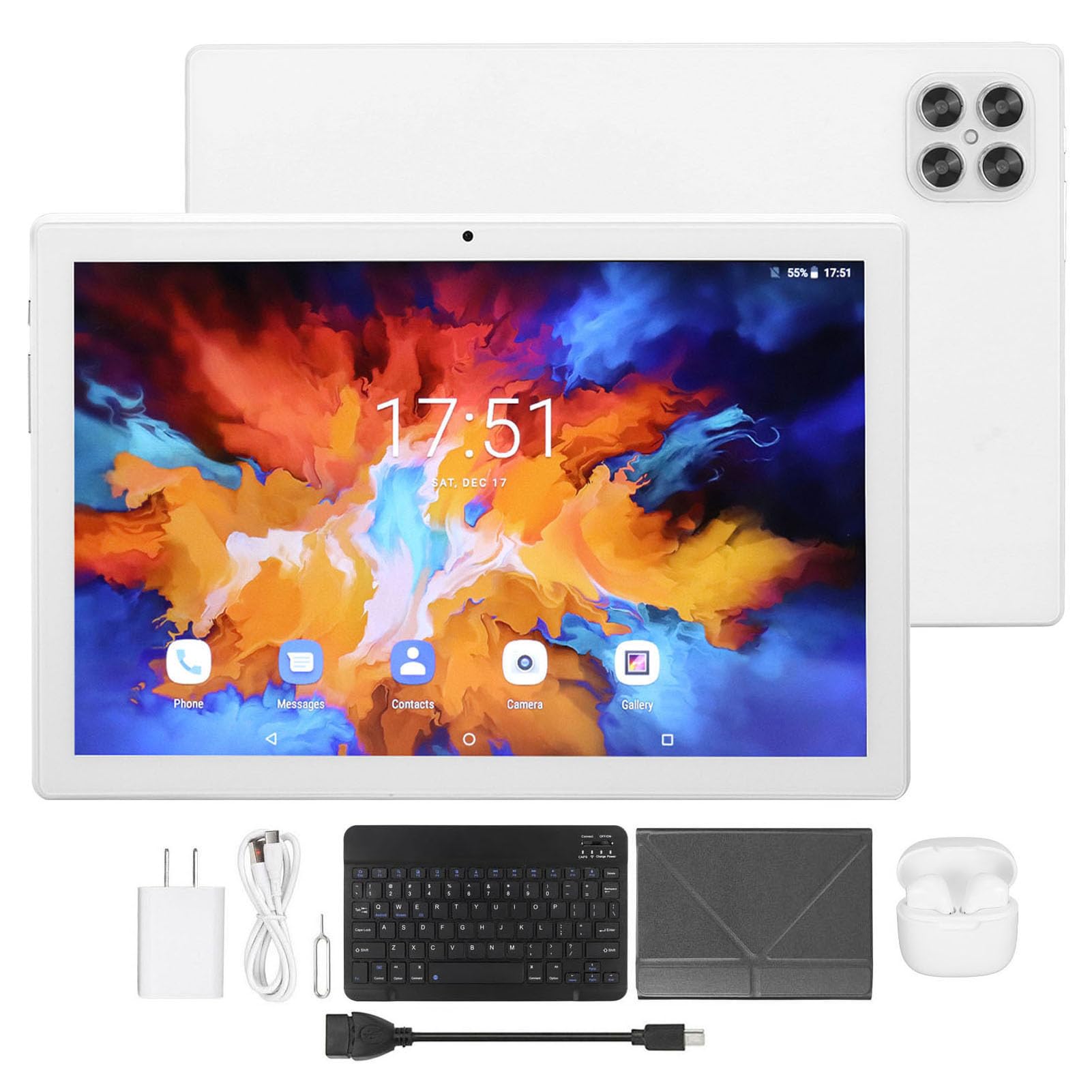 2 in 1 Tablet with Keyboard, 10.1 inch Android 11 Tablet PC, 12GB+256GB, MT6755 8 Core, 5G WiFi 4G LTE Calling Tablet, with BT Earbuds (White Cat)