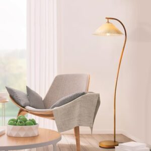 Globe Electric Novogratz x 61000043 Novogratz x Globe 62" Floor Lamp, Faux Wood Finish, White Pleated Fabric Shade, Pivot Joint on Shade, in -Line On/Off Foot Switch, Black Cord, Reading Lamp