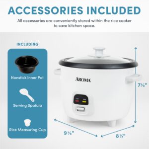 AROMA® Rice Cooker, 3-Cup (Uncooked) / 6-Cup (Cooked), Small Rice Cooker, Oatmeal Cooker, Soup Maker, Auto Keep Warm, 1.5 Qt, White, ARC-393NG