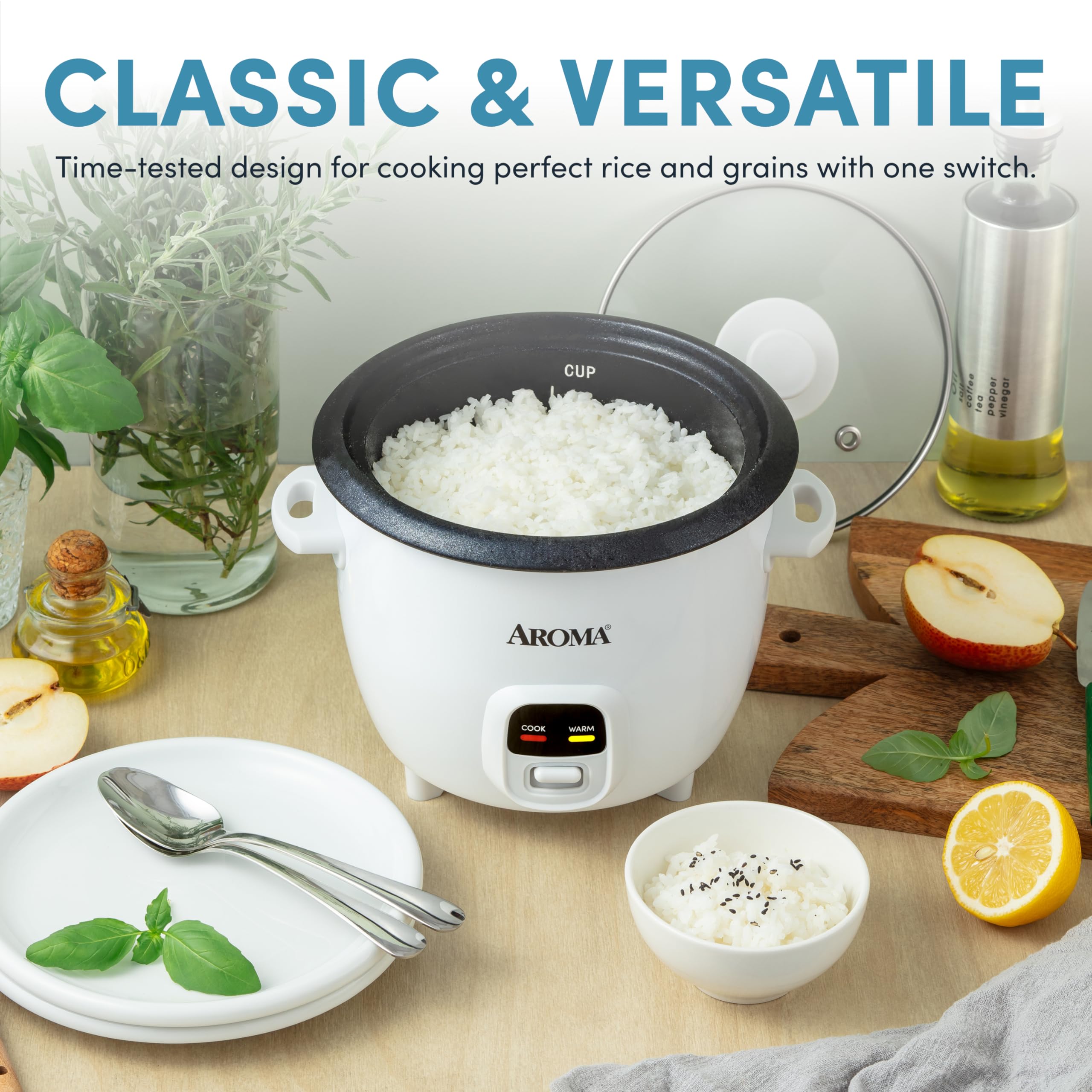 AROMA® Rice Cooker, 3-Cup (Uncooked) / 6-Cup (Cooked), Small Rice Cooker, Oatmeal Cooker, Soup Maker, Auto Keep Warm, 1.5 Qt, White, ARC-393NG