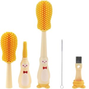 silicone bottle cleaning brush for baby, 4-in-1 baby bottles cleaner set - bottle/straw/nipple/neck brushes (yellow)