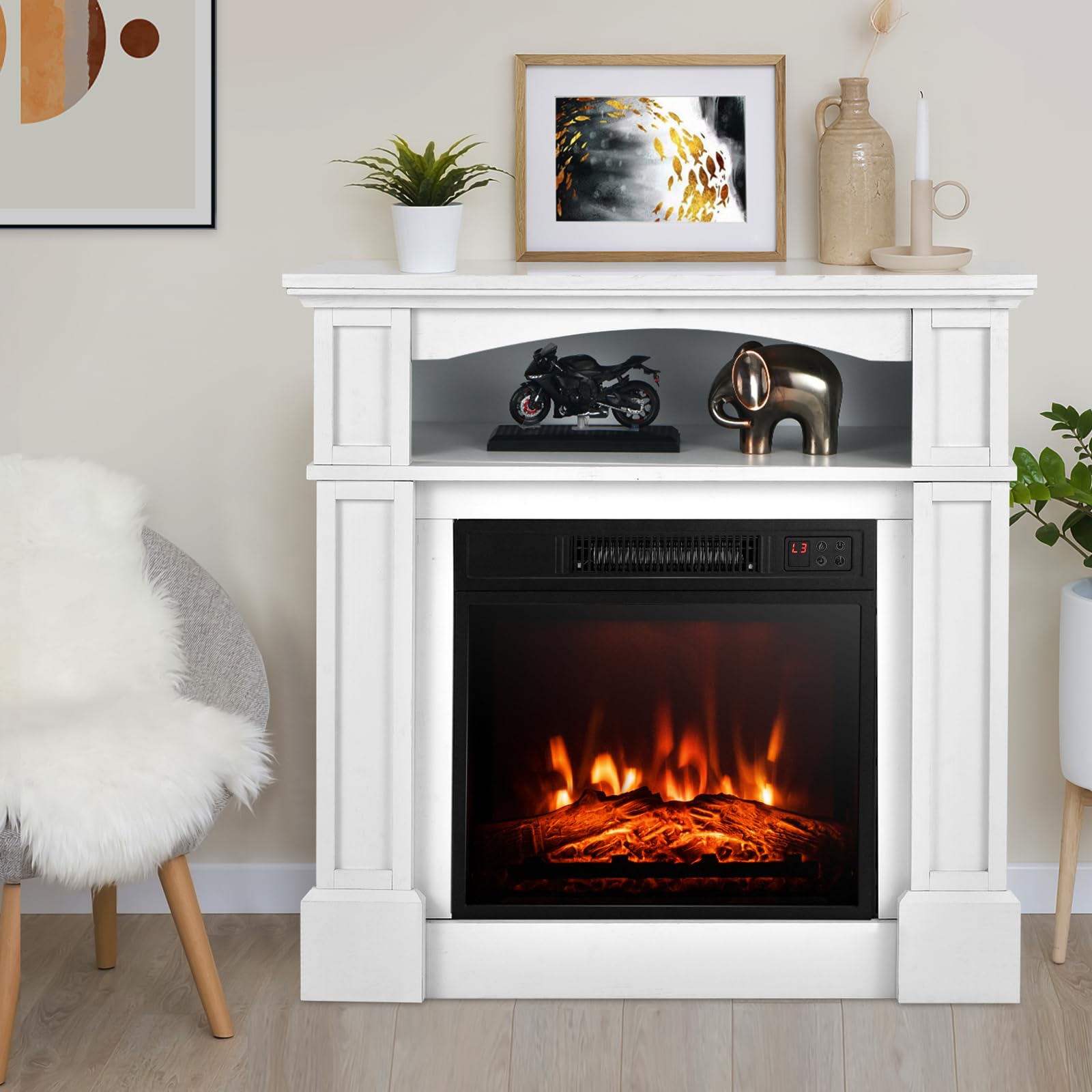 ORALNER 32” Electric Fireplace with Mantel, Package Wooden Firebox Surround Freestanding Fireplace Insert Heater w/ 3 Flame Effects, Remote & 6H Timer, Overheat Protection, 1400W (White)