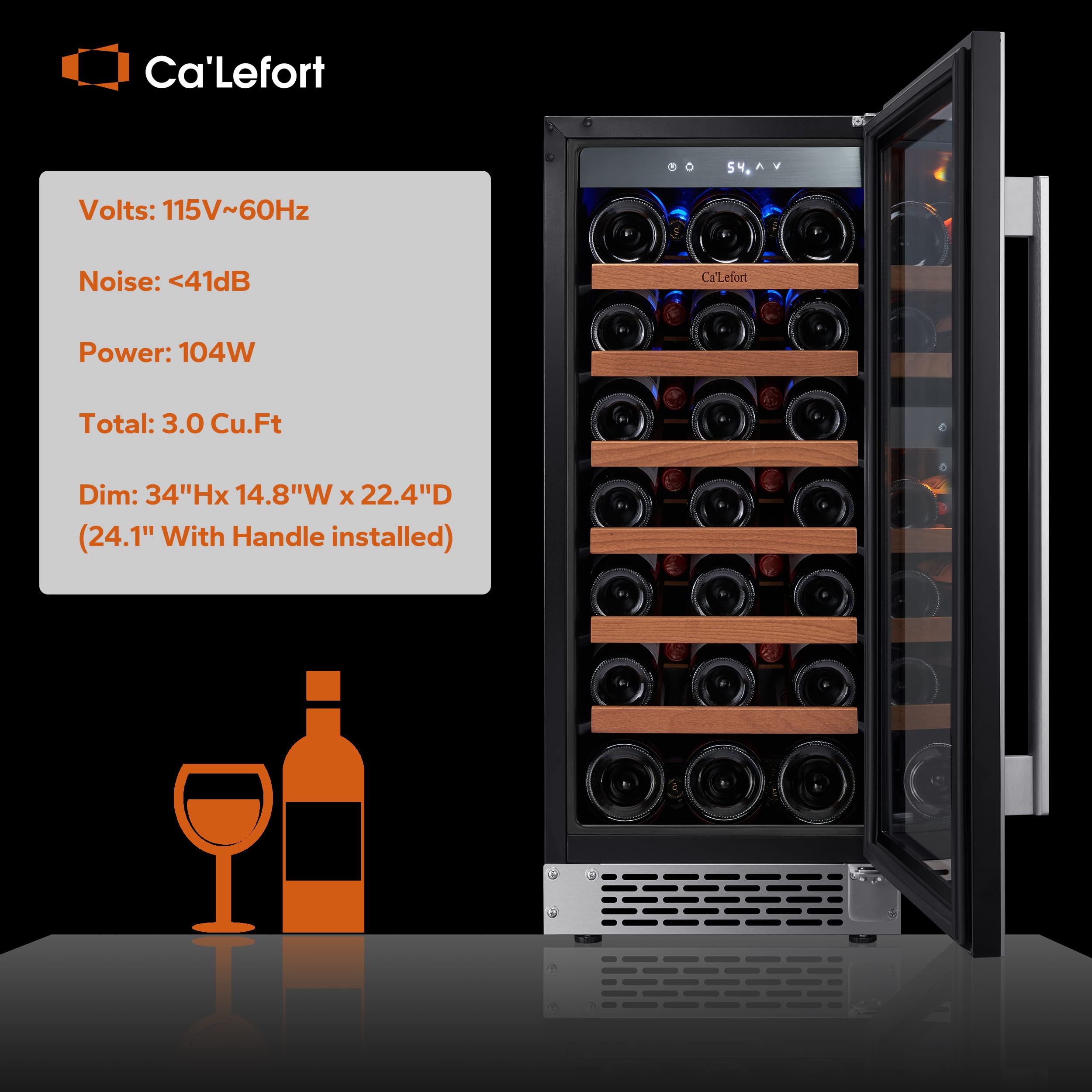 Ca'Lefort Wine Fridge, 15 Inch Wine Cooler Refrigerator with Seamless Stainless Grey Tempered Glass Door, Quiet Compressor Adjust Temp 40-65°F, Under Counter Wine Fridge 3.0 cu.ft - 33 Bottles