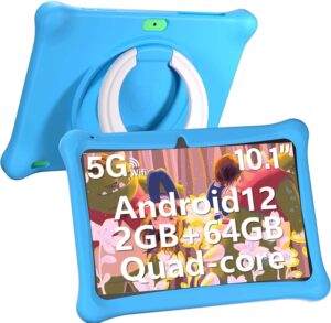 sgin tablet for kids, 2gb ram 64gb rom, 10 inch android 12 kids tablet with case with parental control app, dual camera, wifi, educational games，iwawa pre installed （sky blue）