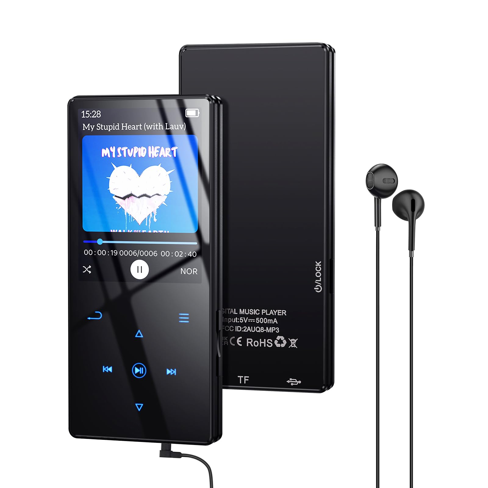 Yottix 64GB MP3 Player with Boosted Bluetooth 5.0, Music Player Features HD Speaker, 2.4" Screen, Touch Buttons, Expandable SD Card Slot, Supports FM Radio, Voice Recording, E-Book, and More