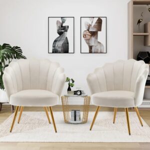 alunaune mid century velvet living room chair set of 2 accent chairs, upholstered vanity chair for makeup room, modern barrel arm chair guest leisure chair comfy for bedroom-ivory