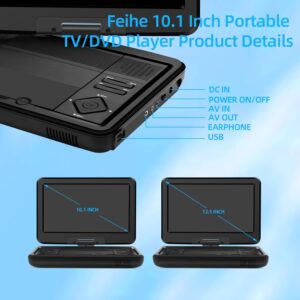 Feihe 10.1" Portable TV/DVD Player - FHD IPS Swivel LED Screen, Digital Tuner/HDMI/USB/AV, Region-Free, Built-in Battery, High Volume Speakers - Perfect for Car/Travel