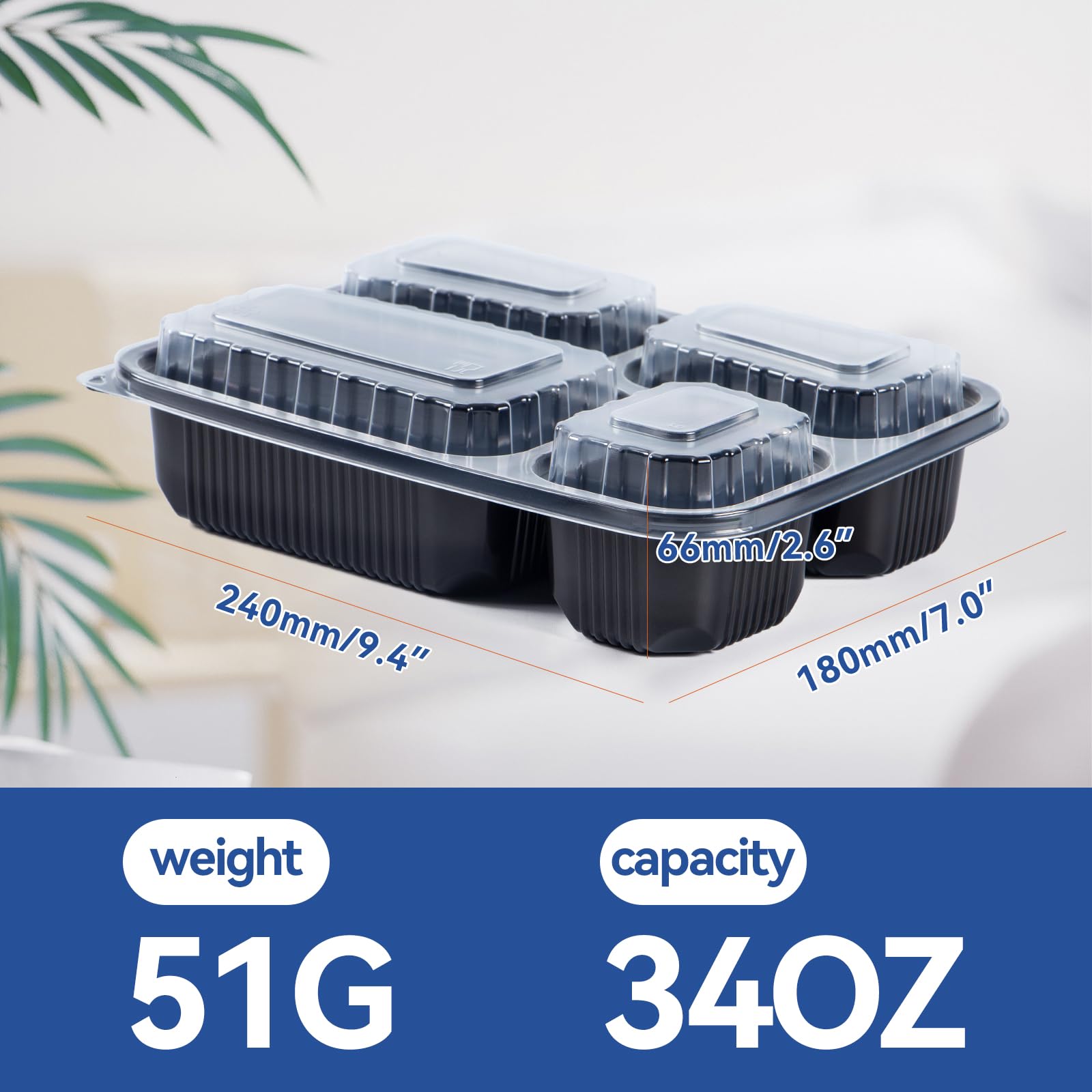 EKOSAVOR Meal Prep Container, 4 Compartment 40 Pack 34oz - Reusable Bento Boxes for Food Storage and Portion Control - To Go Containers for Meal Planning - BPA Free Microwave and Freezer Safe