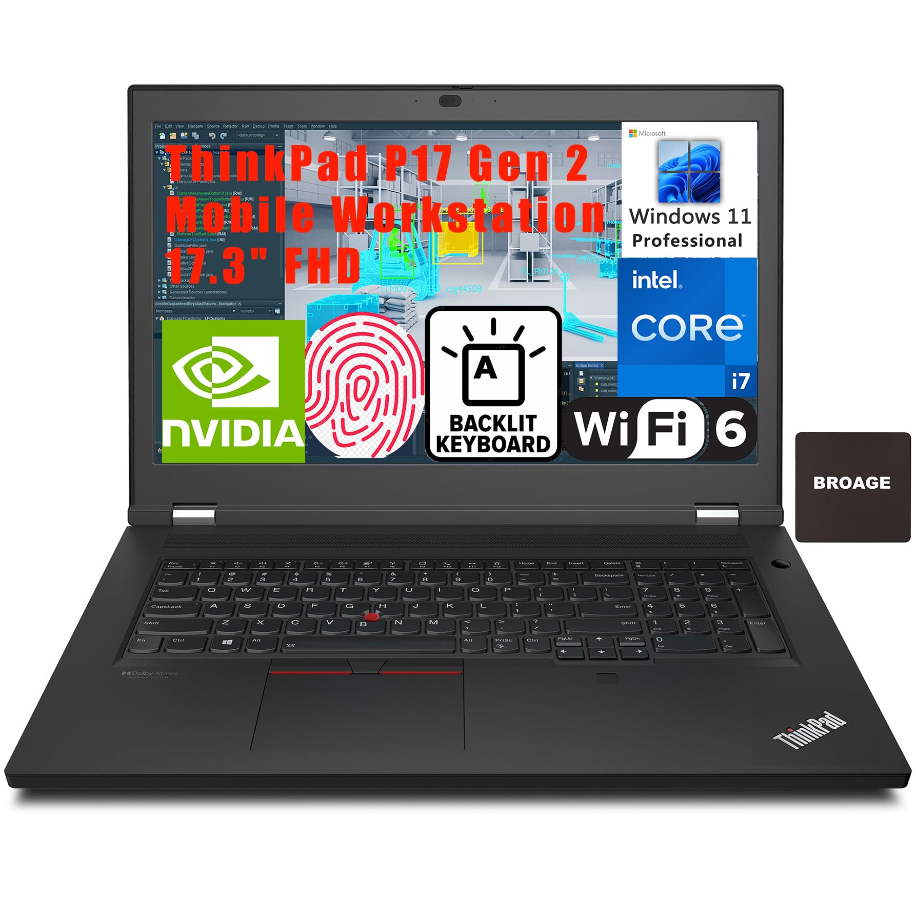 Lenovo ThinkPad P17 Gen 2 Mobile Workstation 17.3" FHD Business Laptop Computer, Intel Octa-Core i7-11850H, Quadro T1200, 64GB DDR4 RAM, 2TB PCIe SSD, WiFi 6, Backlit KB, FR, Windows 11 Pro, BROAG