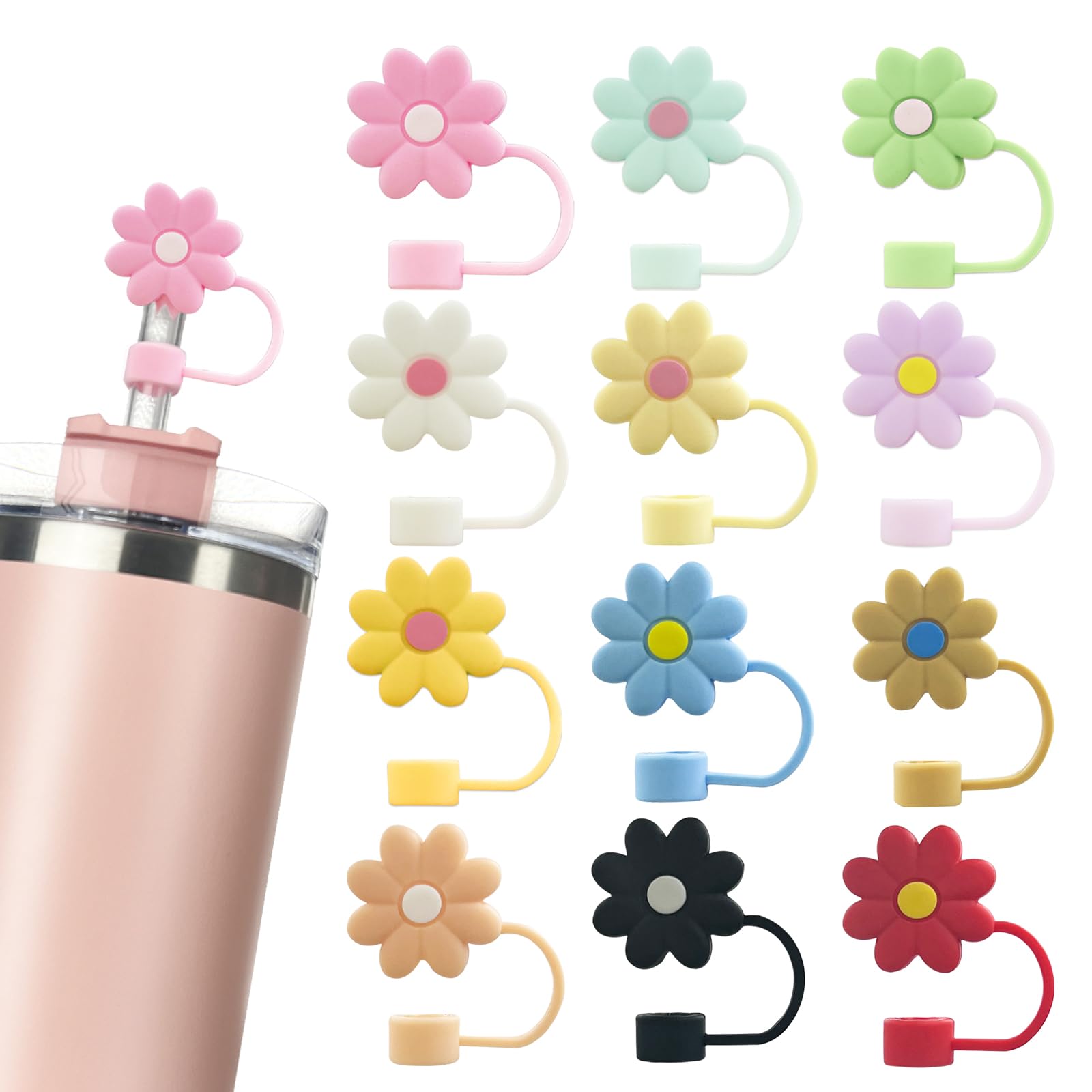 Velaco 12PCS Silicone Straw Covers Cap Compatible with Stanley 30&40 Oz Cup, 10mm Cute Flower Straw Toppers for Tumblers, Dust-Proof Drinking Straw Caps for Reusable Straws Tips Lids