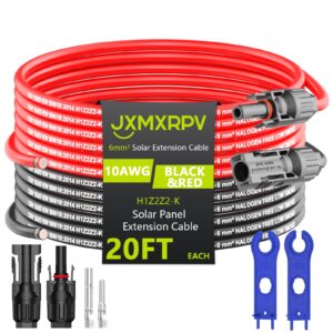 jxmxrpv solar charge controller extension cable 20 ft 10awg (6mm²) with female and male connector, weatherproof solar panel extension cable wire adapter kit for home boat rv solar panels (20ft 10awg)