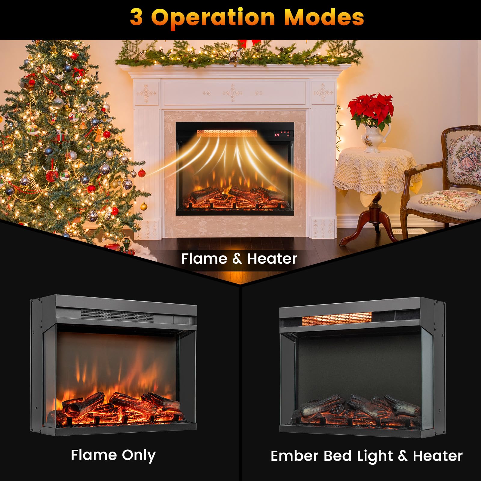 ORALNER Electric Fireplace Insert 23 Inch, 3-Sided Glass Fireplace Heater w/Remote Control & 8H Timer, Thermostat, Overheat Protection, Indoor Recessed Fireplace Insert for TV Stand, 1500W, Black