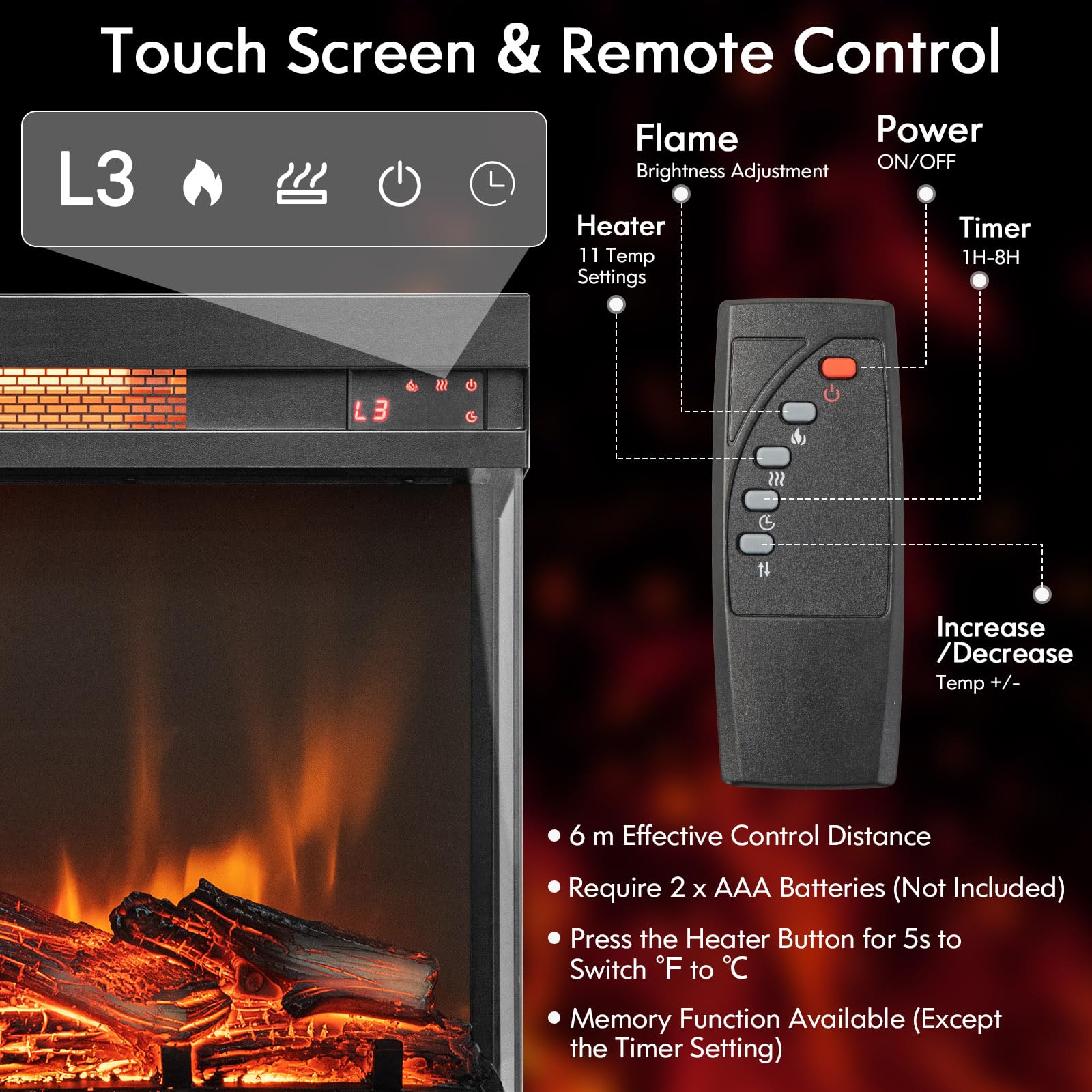 ORALNER Electric Fireplace Insert 23 Inch, 3-Sided Glass Fireplace Heater w/Remote Control & 8H Timer, Thermostat, Overheat Protection, Indoor Recessed Fireplace Insert for TV Stand, 1500W, Black