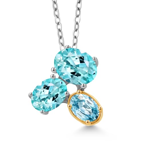 Gem Stone King 925 Silver and 10K Yellow Gold Blue Apatite and Blue Zircon Pendant Necklace For Women (2.67 Cttw, Oval 8X6MM, 7X5MM and 6X4MM, Gemstone, with 18 Inch Chain)