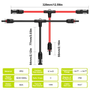 JXMXRPV Solar Connector T/Y Branch Parallel Adapter Cable, 1 Pair 10AWG Tool-Free 1 to 2 Solar Panel Connectors Cable Plug Wire Kit for Solar Panel (1*M/FF+1*F/MM)