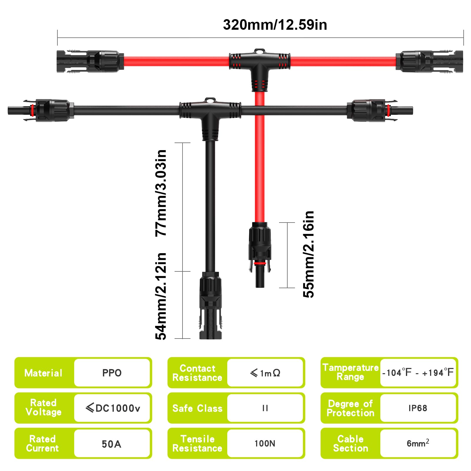 JXMXRPV Solar Connector T/Y Branch Parallel Adapter Cable, 1 Pair 10AWG Tool-Free 1 to 2 Solar Panel Connectors Cable Plug Wire Kit for Solar Panel (1*M/FF+1*F/MM)