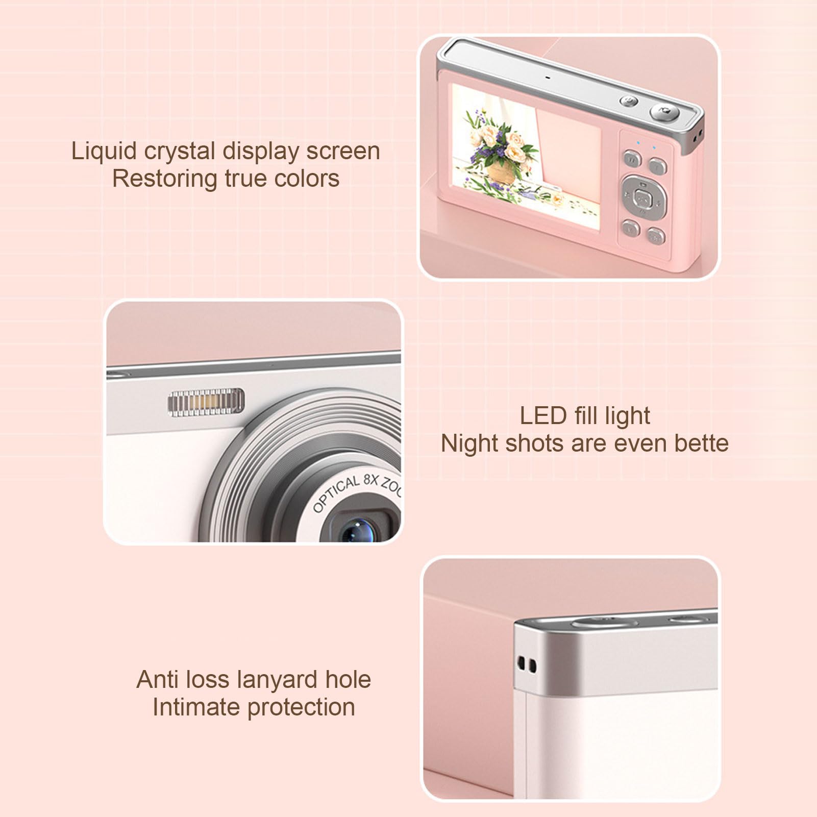 Digital Camera, 2.88 Inches IPS 4K Video Output 16X Zoom Digital Zoom Camera 50 MP for Travel (Pink)