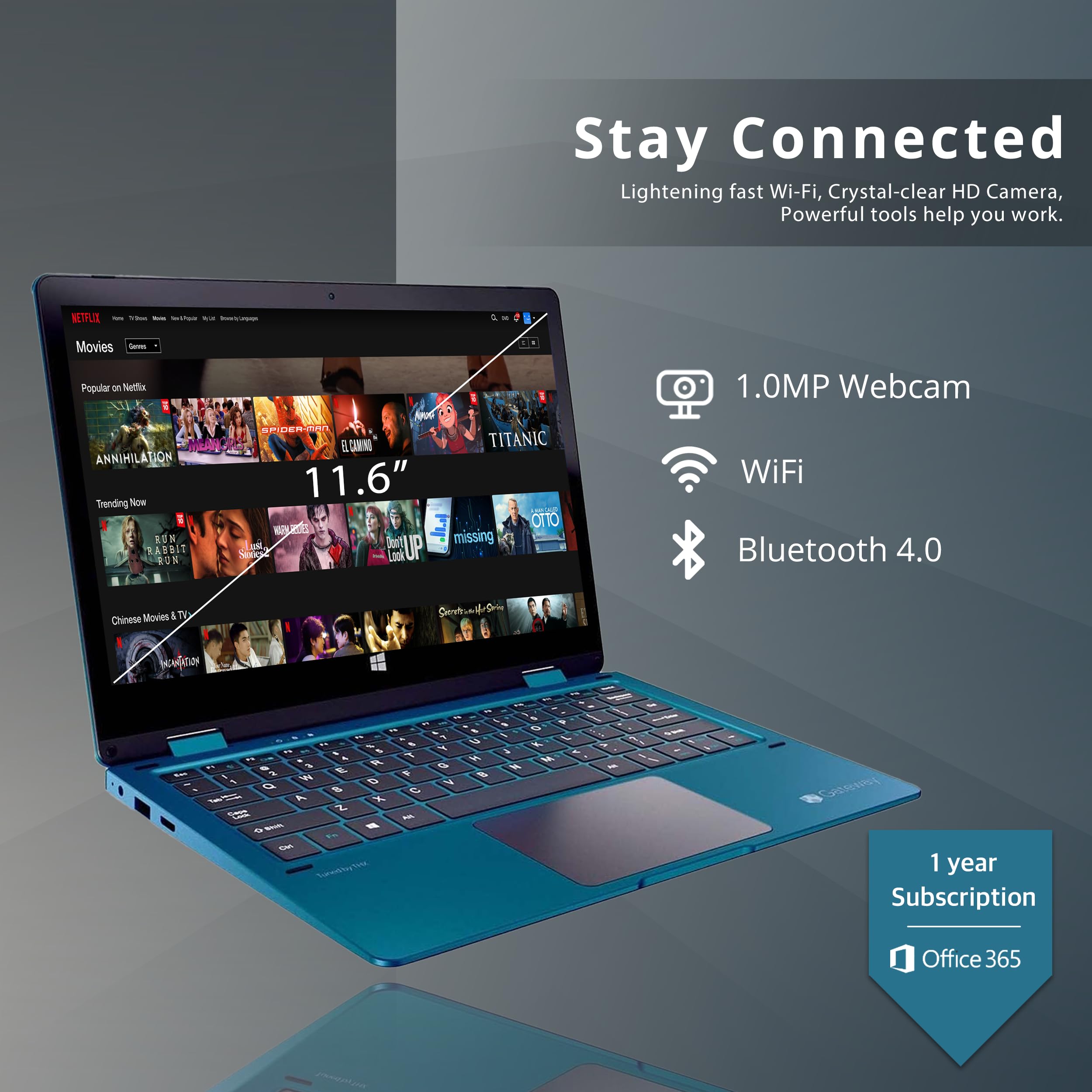 Gateway Newest Convertible Student Laptop, 11.6” HD 2-in-1 Touchscreen, Intel Celeron N4020, 4GB RAM, 64GB SSD, 1MP Webcam, THX Audio, Wi-Fi, Mini HDMI, 1 Year Office 365, Blue, Win10, 32GB USB Card