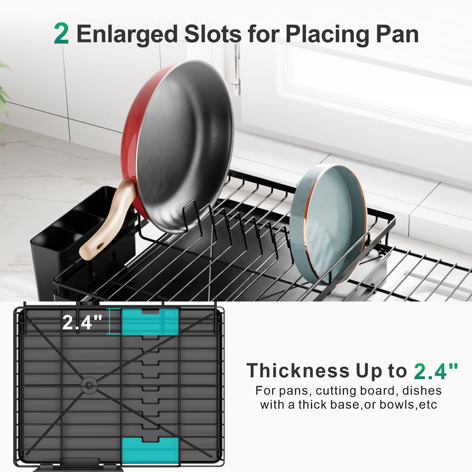 GSlife Dish Drying Rack with Drainboard - Expandable 2-in-1 Dish Racks for Kitchen Counter and Sink, Rust-Resistant Metal Dish Drainer with Pan Slots and Utensil Holder, Black