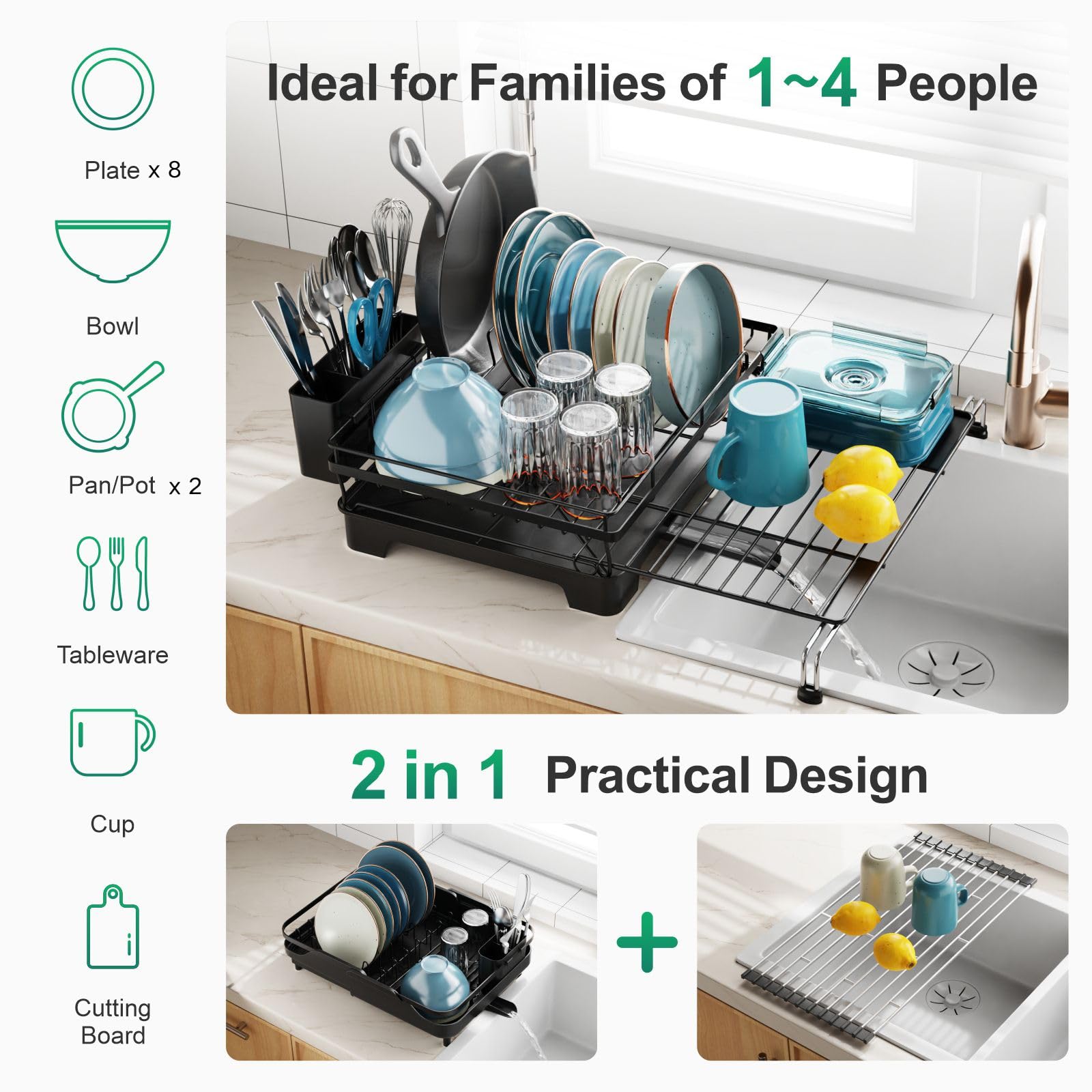 GSlife Dish Drying Rack with Drainboard - Expandable 2-in-1 Dish Racks for Kitchen Counter and Sink, Rust-Resistant Metal Dish Drainer with Pan Slots and Utensil Holder, Black