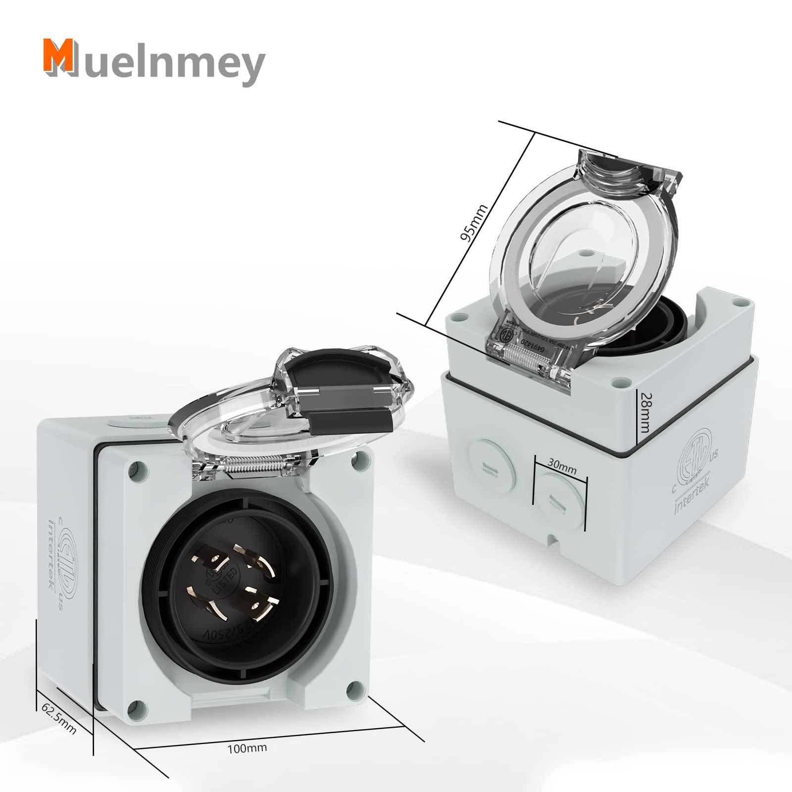 Muelnmey 20Amp Power Outlet Box,125/250Volt NEMA L14-20P Plug+ 3PCS Cable Glands 2 M25 (13-18mm) Connectors and 1 M32 (18-25mm) Connector