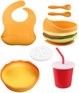 baby led weaning supplies, silicone feeding set for baby, toddler plates and bowls set with suction, baby utensils set with adjustable bib, sippy cup,spoon and fork, 6+ months