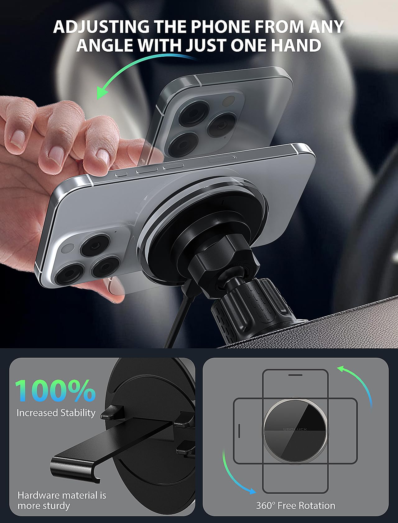 UGDLUCK for Magsafe Car Mount Charger, 15W Magnetic Wireless Car Charger with 8 RGB LED Backlit Magnetic Car Phone Holder Mount for iPhone 15 14 13 12