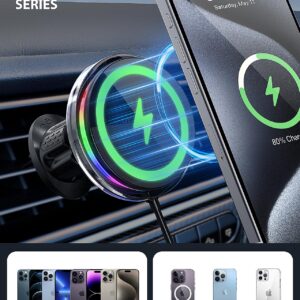 UGDLUCK for Magsafe Car Mount Charger, 15W Magnetic Wireless Car Charger with 8 RGB LED Backlit Magnetic Car Phone Holder Mount for iPhone 15 14 13 12