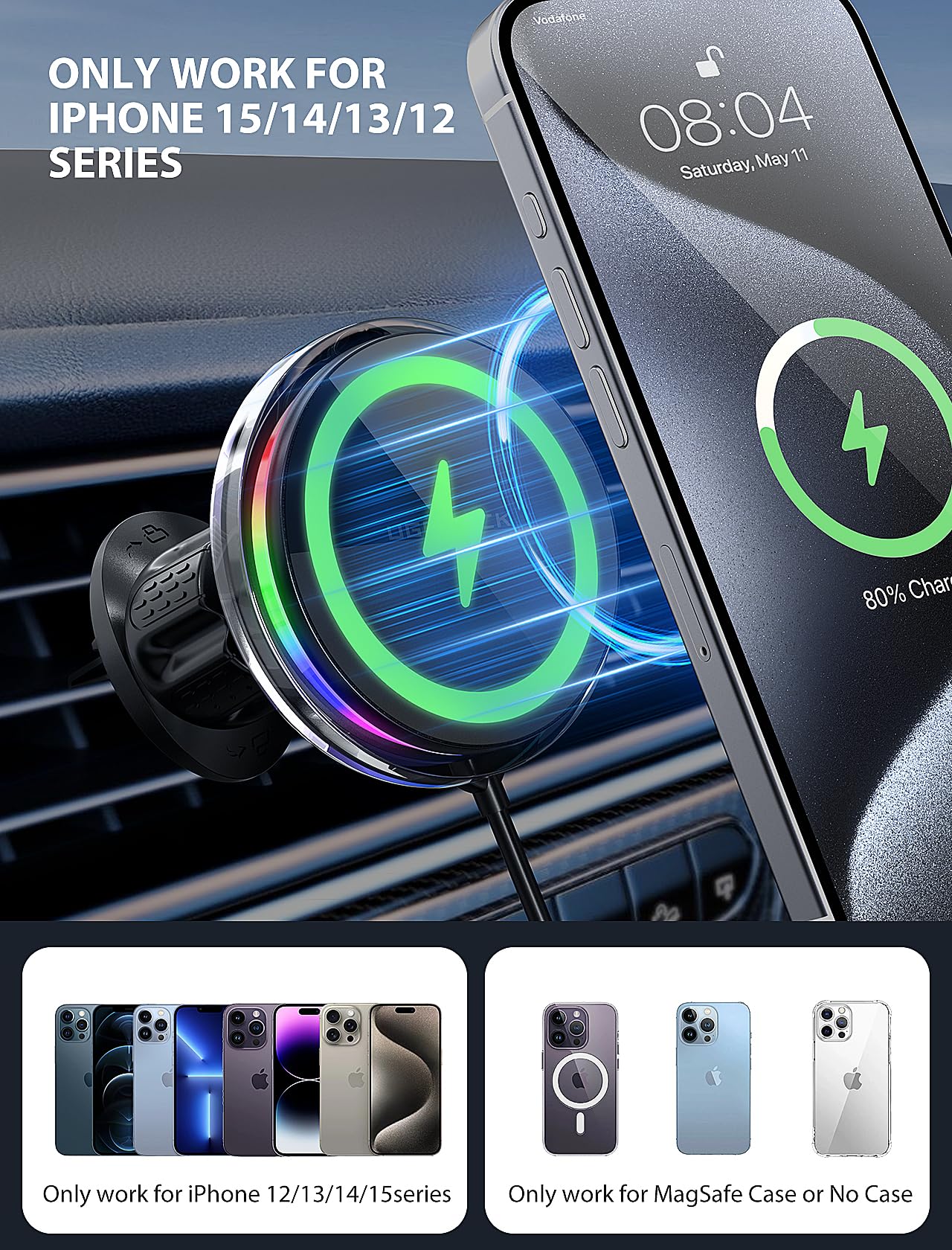 UGDLUCK for Magsafe Car Mount Charger, 15W Magnetic Wireless Car Charger with 8 RGB LED Backlit Magnetic Car Phone Holder Mount for iPhone 15 14 13 12