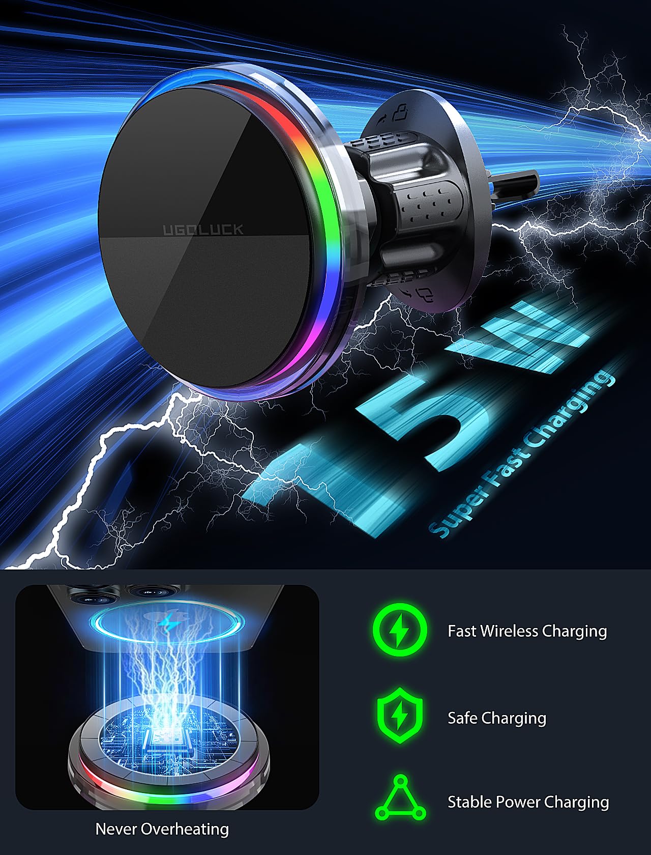 UGDLUCK for Magsafe Car Mount Charger, 15W Magnetic Wireless Car Charger with 8 RGB LED Backlit Magnetic Car Phone Holder Mount for iPhone 15 14 13 12