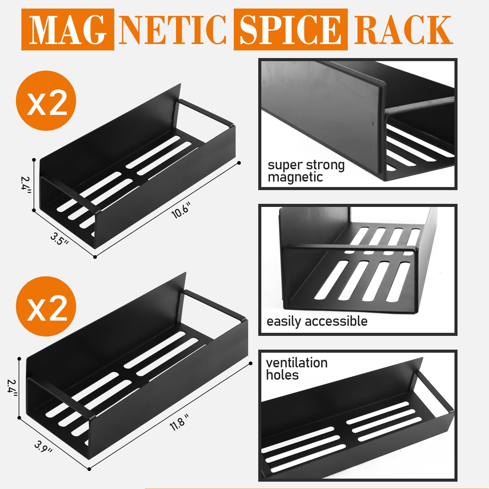 4 Pack Magnetic Shelf for Fridge, Magnetic Spice Rack for Refrigerator,Movable Spice Rack Organizer for Kitchen, Easy to Install, Waterproof and Rustproof ABS Material (BLACK 4 PACK)