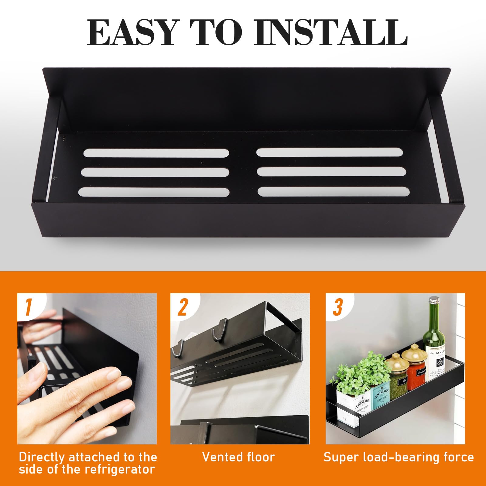4 Pack Magnetic Shelf for Fridge, Magnetic Spice Rack for Refrigerator,Movable Spice Rack Organizer for Kitchen, Easy to Install, Waterproof and Rustproof ABS Material (BLACK 4 PACK)