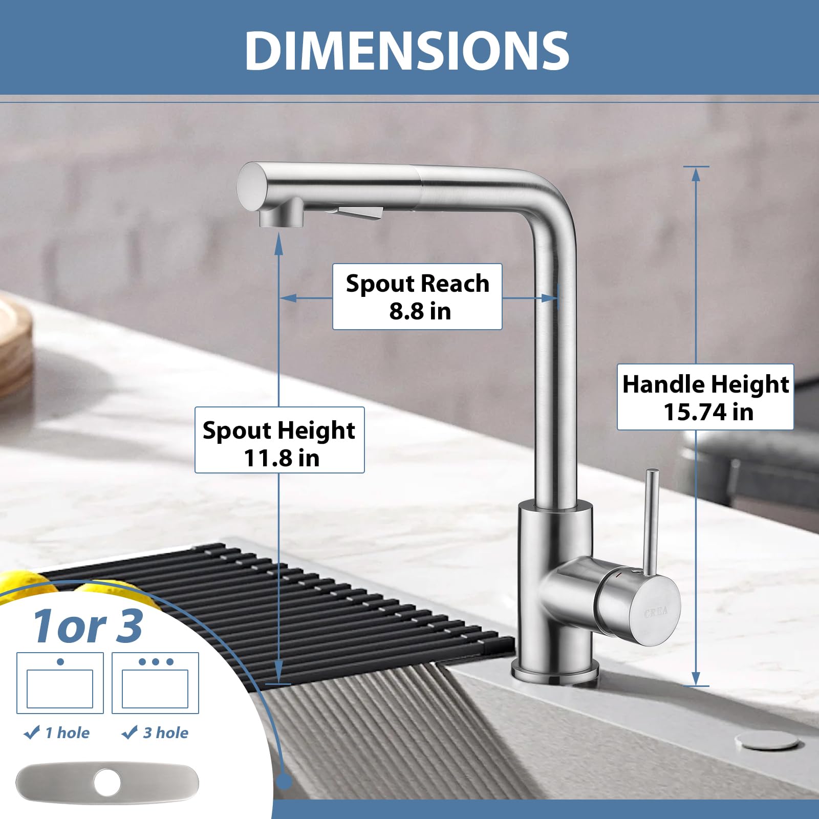 CREA Brushed Nickel Kitchen Faucets,Pull Down Kitchen Faucet with Sprayer Magnetic Docking,Rotary 15.8" Single Handle Kitchen Sink Faucet Stainless Steel Farmhouse Kitchen Faucet Bar RV Sink Faucet