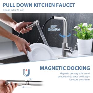 CREA Brushed Nickel Kitchen Faucets,Pull Down Kitchen Faucet with Sprayer Magnetic Docking,Rotary 15.8" Single Handle Kitchen Sink Faucet Stainless Steel Farmhouse Kitchen Faucet Bar RV Sink Faucet