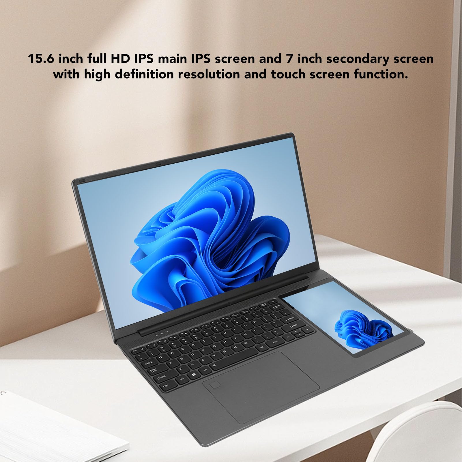 Tangxi Double Screen Laptop, 15.6in UHD 16GB RAM 7in Touchscreen Display Laptop, 2.9GHz Quad Core 7000mAh Laptop Computer with Camera for Business, Office 100‑240V (16+1TB US Plug)