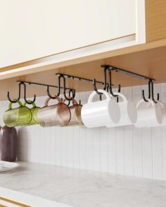luckinow mug hooks under cabinet 3 pack, coffee cup hooks for hanging under shelf, mug organizer rack with 12 hooks for displaying mugs, coffee cups and kitchen utensils, black