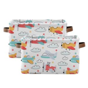 Cartoon Airplane Helicopter Storage Basket Bins Sturdy Toy Storage Organizer Bins Laundry Basket with Handles for Pet Books Clothes Makeup Nursery Closet Office,2 pcs