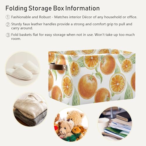 Orange Fruit Leafs Storage Basket Bins Collapsible Toy Storage Bins with Handles Laundry Baskets for Bedroom Office Clothes Pet Nursery Living Room,1 pcs